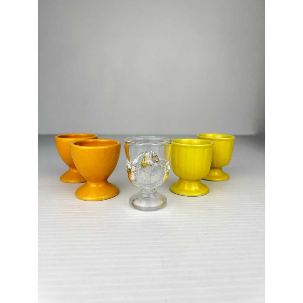 Vintage Egg Cup Set 5pc France Glass Hen Chicken Orange Yellow Ceramic Footed